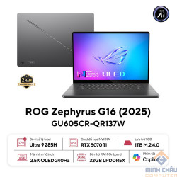 Laptop Asus Gaming ROG Zephyrus G16 GU605CR-QR137W (Intel Core Ultra 9 285H | RTX 5070 Ti | 16 inch 2.5K OLED 240Hz| 32GB | 1TB | Win 11 | Xám)