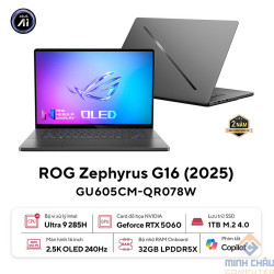 Laptop Asus Gaming ROG Zephyrus G16 GU605CR-QR137W (Intel Core Ultra 9 285H | RTX 5070 Ti | 16 inch 2.5K OLED 240Hz| 32GB | 1TB | Win 11 | Xám)